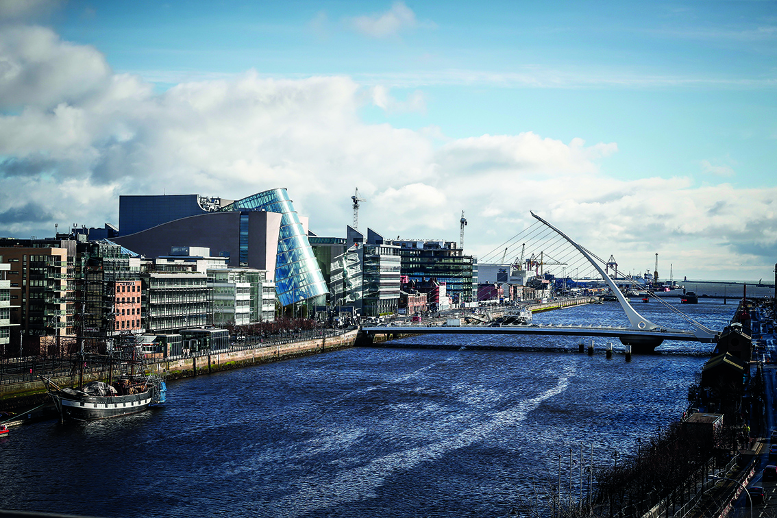Aerial view over the Liffey of the Convention centre 