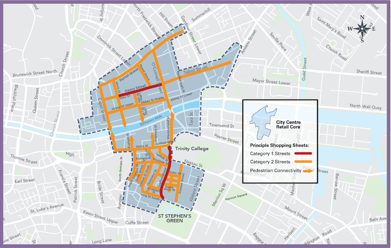 Title: Figure 7.2 Dublin City Centre Retail Core, Principal Shopping Streets - Description: This graphic is amended to show a route through the Royal Hibernian Way from Dawson Street towards Grafton Street and Lemon Street as a Category 2 Shopping Street.