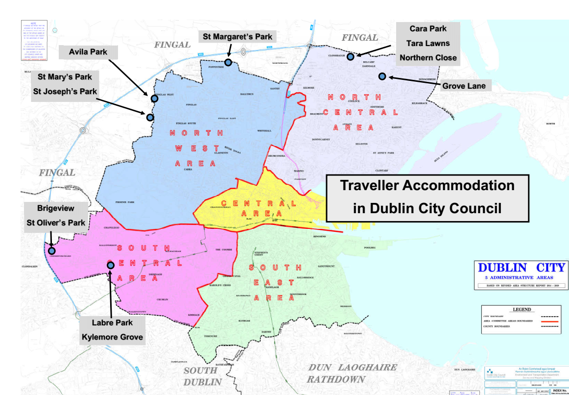 Title: Map of Dublin City Council Traveller Group Housing Scemes and Traveller Halting Sites - Description: This is one amendment to section 7.2.3 of Appendix 1 to Volume 2 that includes the introduction of a graphic map identifying the locations of twelve Traveller  group housing schemes and halting sites across the city. 